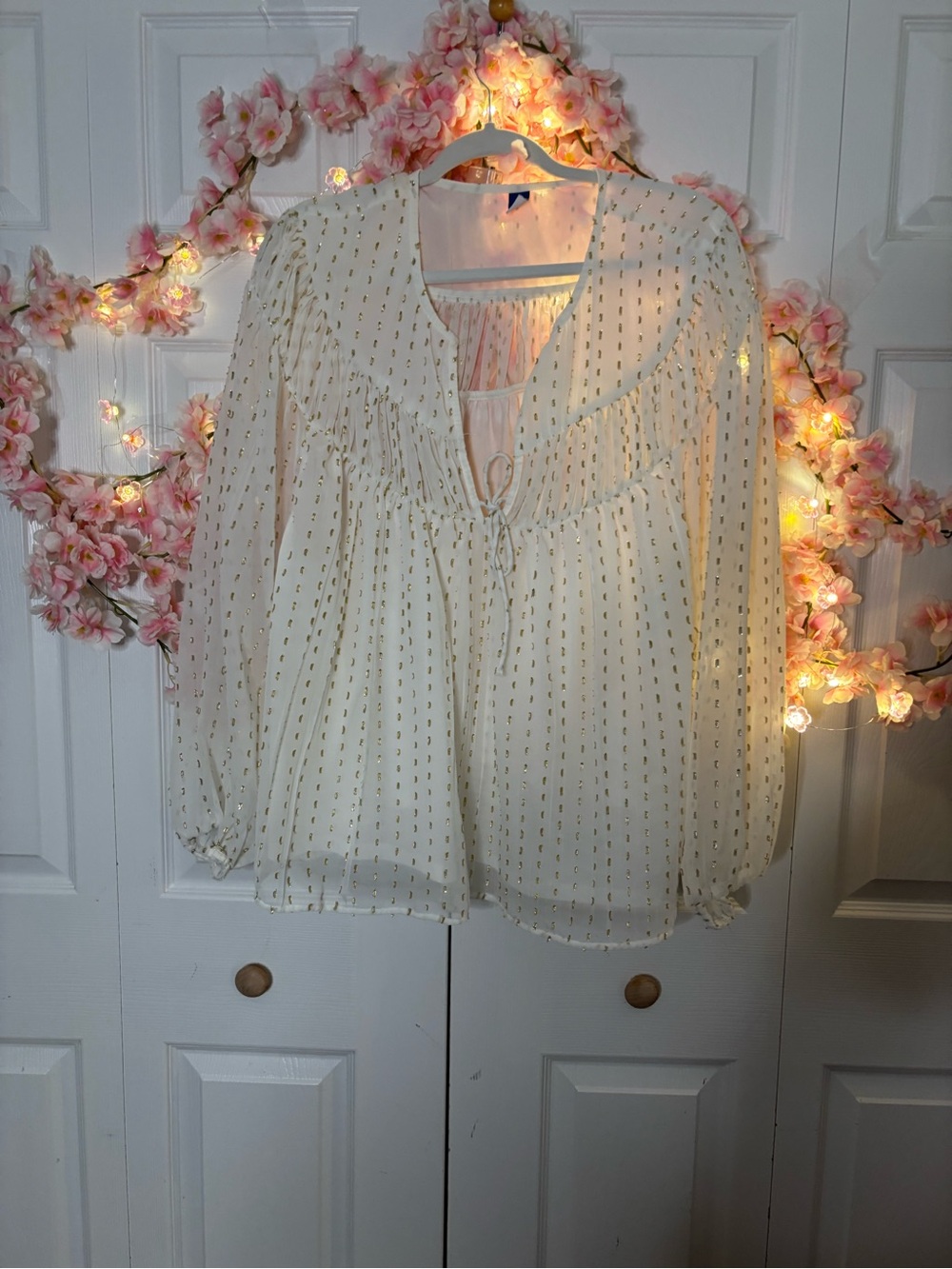 Old Navy Ivory Sheer Ruffle Tie-Front Blouse with Gold Dot Accents